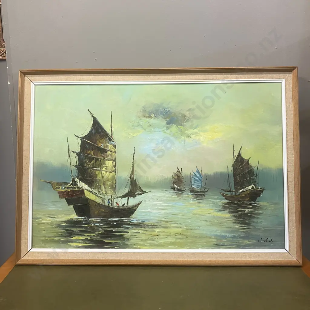 Vintage 'Chinese Junks' Framed Oil Painting. 58 x 83.5cm Image 1++