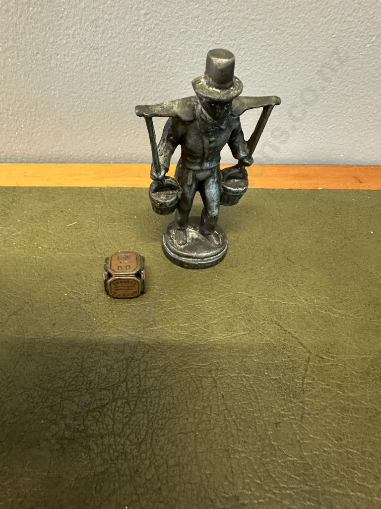 Antique Six Sided Wax Cube & Metal Figurine Carrying Buckets Image 1++