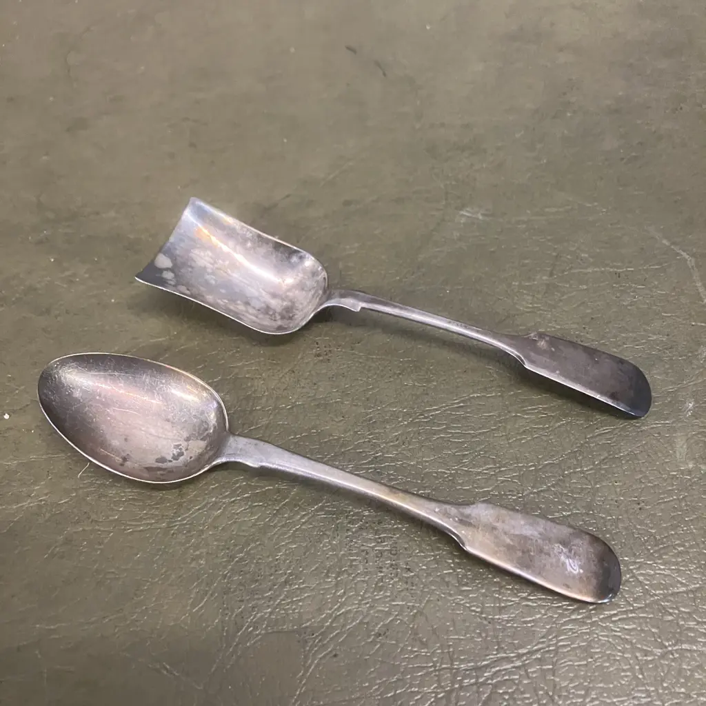 English Antique Georgian Sterling Silver Spoons 1836 & 1847 John Stone Exeter Image 1++