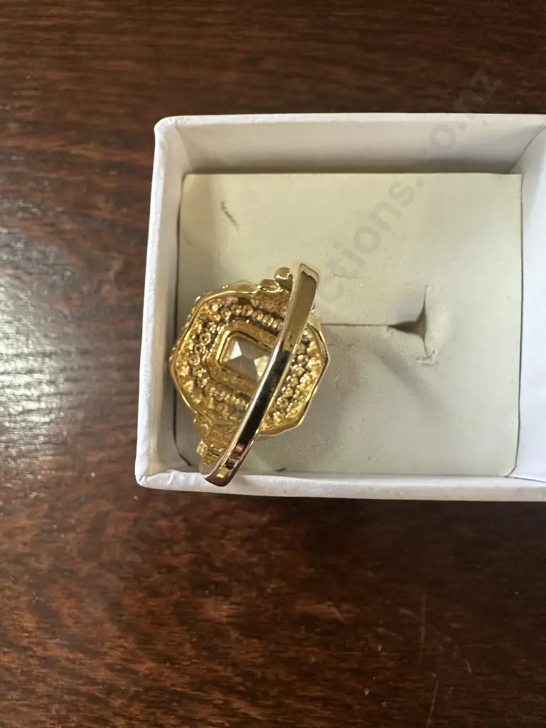 Large Dress Ring Gold Coloured With Blue & Clear Stones Image 1++