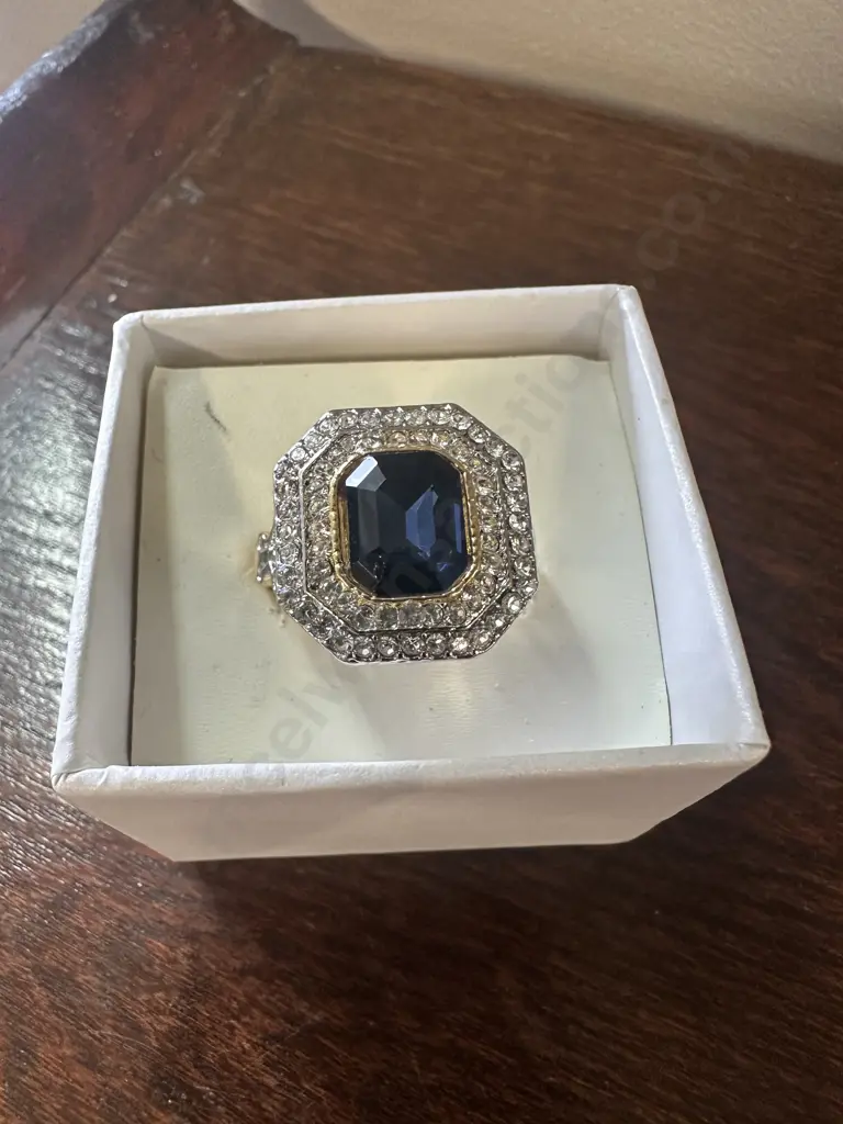 Large Dress Ring Gold Coloured With Blue & Clear Stones Image 1++