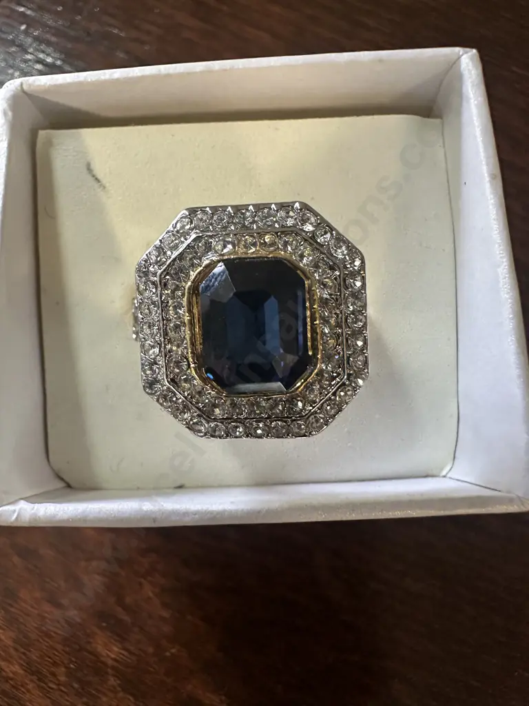 Large Dress Ring Gold Coloured With Blue & Clear Stones Image 1++