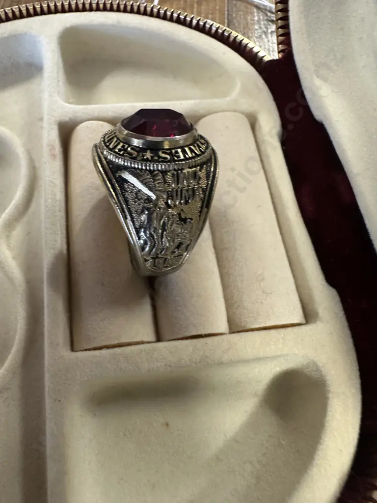 US Marines Military Ring, Gold Tone with Red Crystal Stone Image 1++