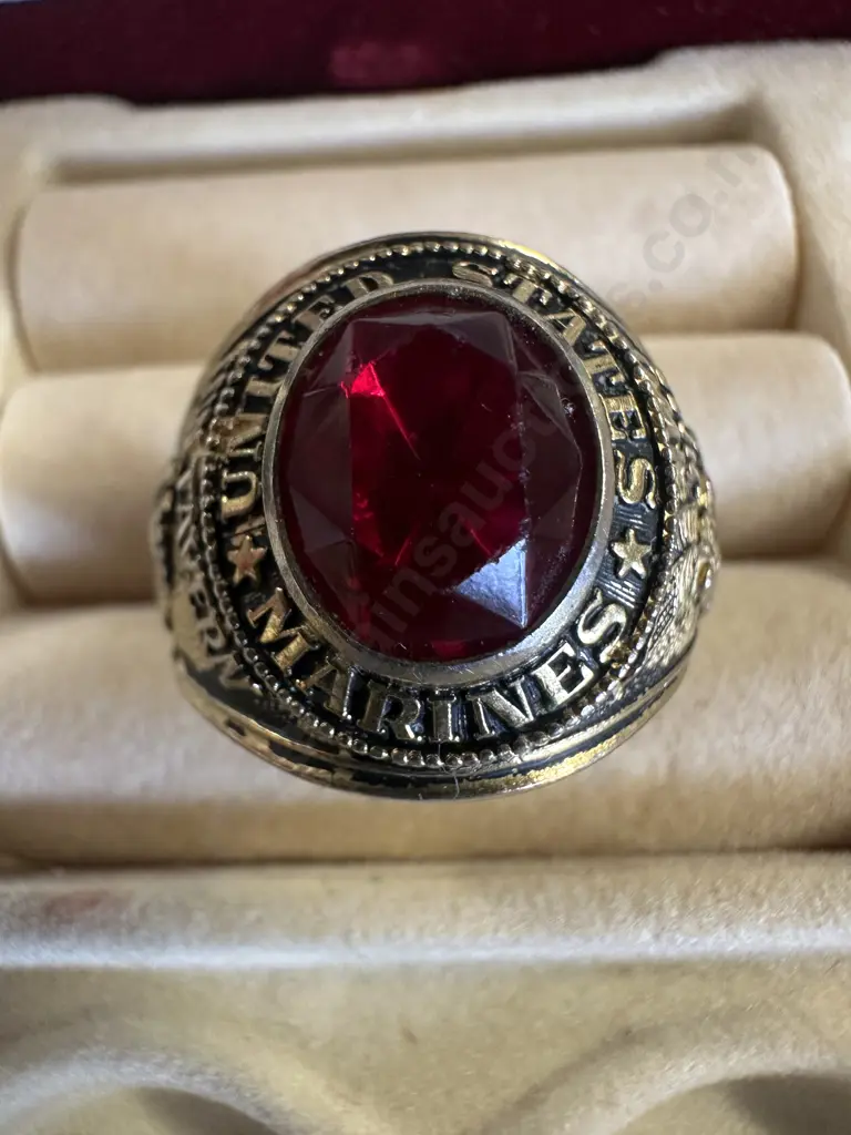 US Marines Military Ring, Gold Tone with Red Crystal Stone Image 1++
