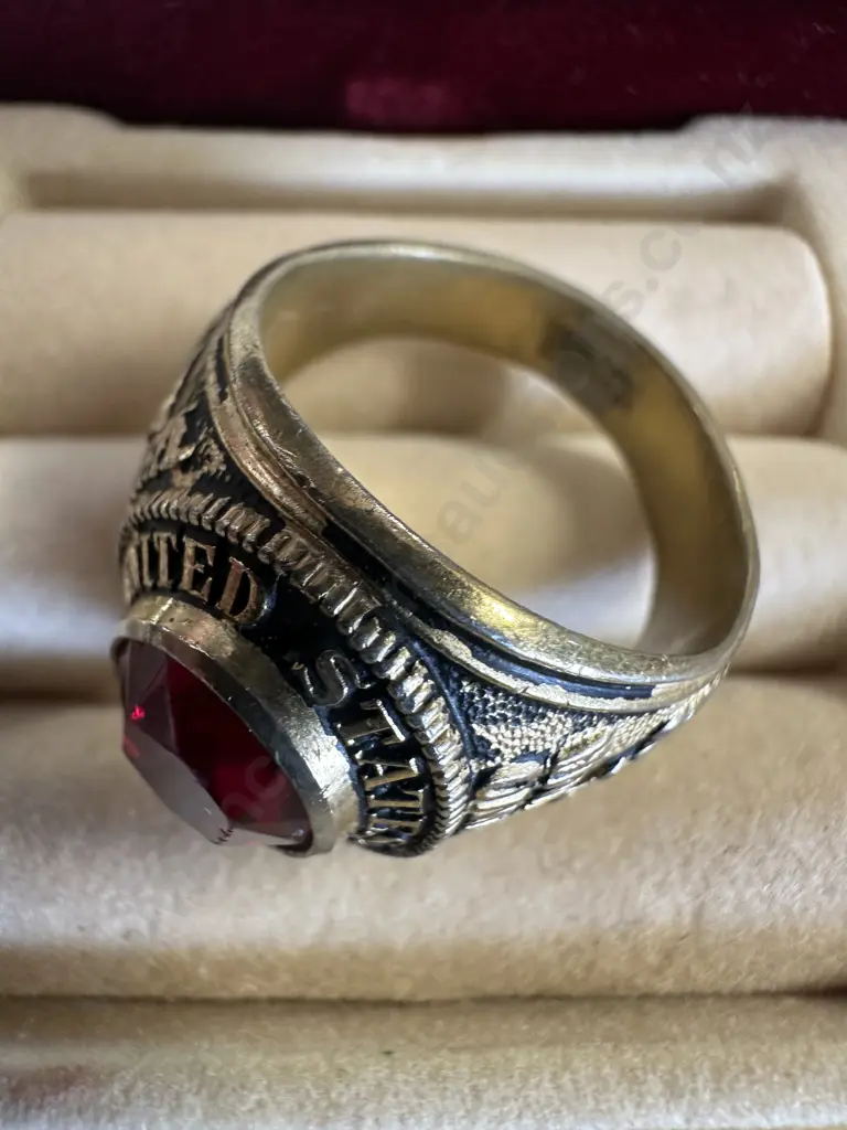 US Marines Military Ring, Gold Tone with Red Crystal Stone Image 1++