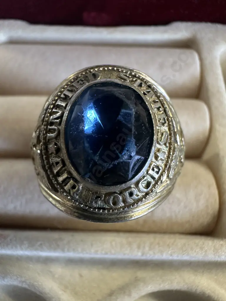 United States Airforce Military Ring, Gold Tone With Oval Blue Crystal Stone Image 1++