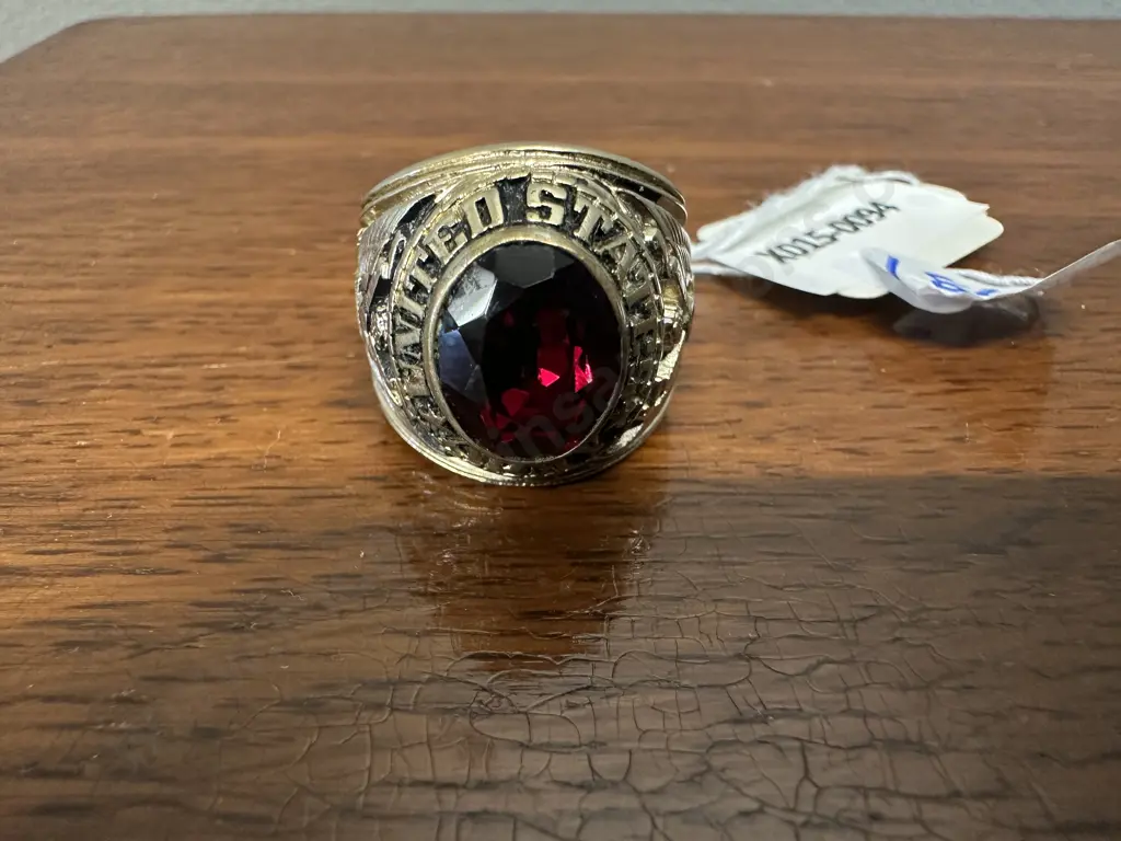 United States Army Military Ring, Gold Tone With Red Crystal Stone Image 1++