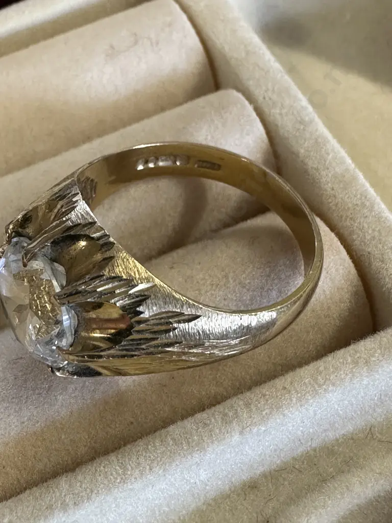 Stamped Gold Ring With Large Clear Stone Image 1++