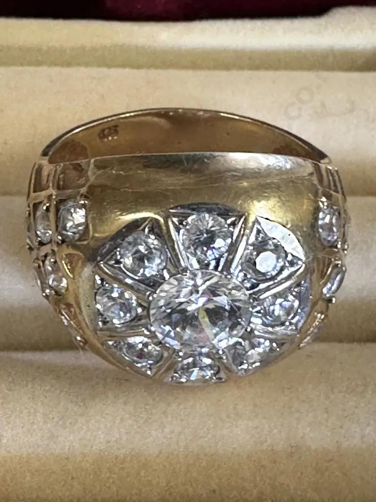 Gold Ring Stamped? With Large Clear Stone, 8 Medium & 12 Small Stones Image 1++