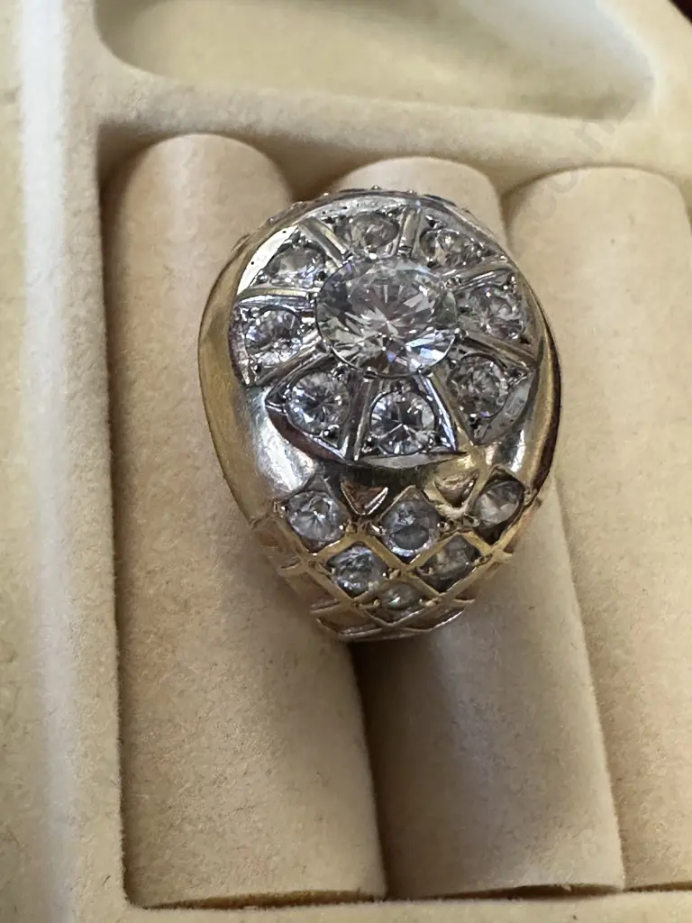 Gold Ring Stamped? With Large Clear Stone, 8 Medium & 12 Small Stones Image 1++