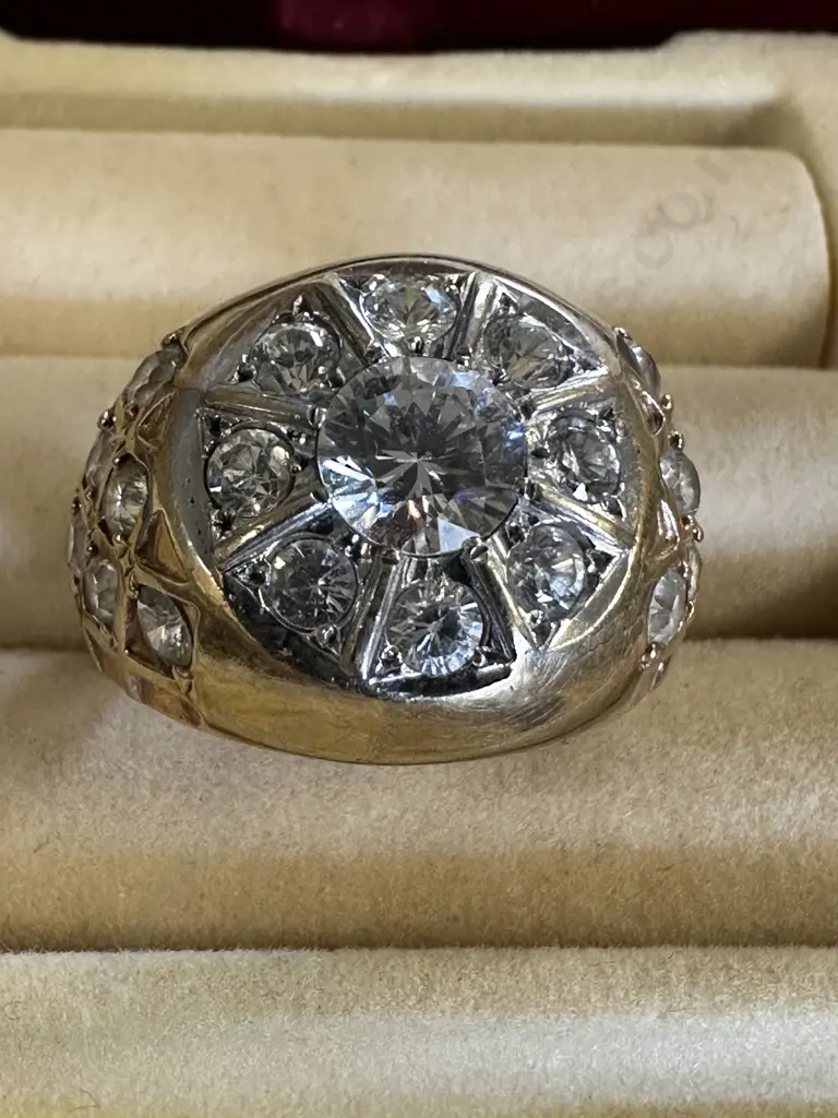 Gold Ring Stamped? With Large Clear Stone, 8 Medium & 12 Small Stones Image 1++