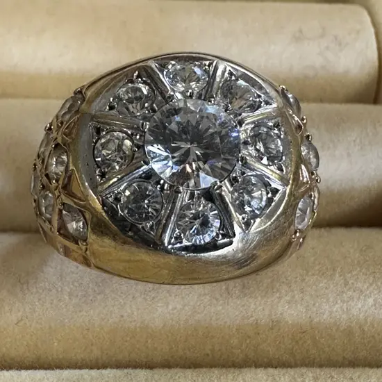 Gold Ring Stamped? With Large Clear Stone, 8 Medium & 12 Small Stones