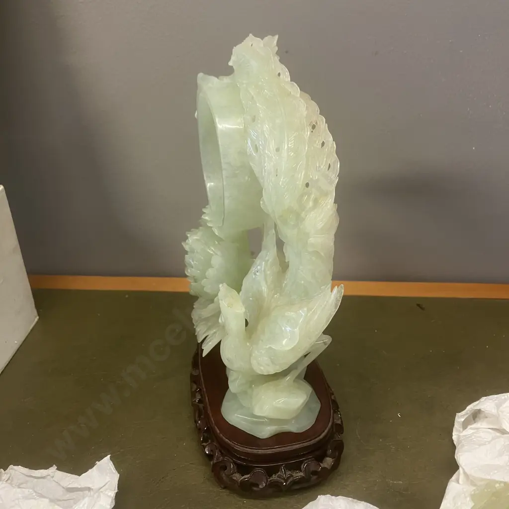 Vintage Chinese Hand Carved Jade Phoenix Peony Sculpture With Carved Stand (Damaged) Image 1++