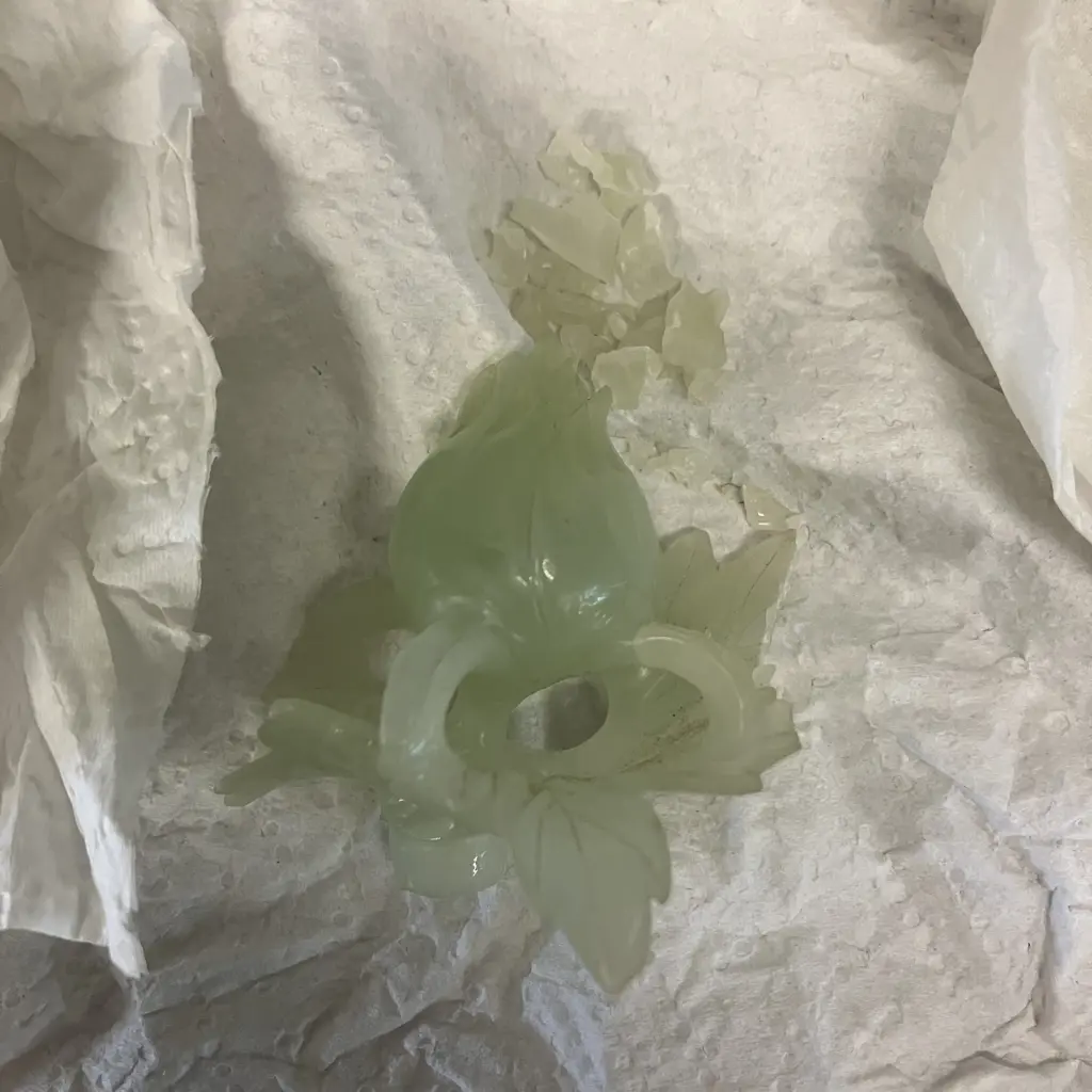 Vintage Chinese Hand Carved Jade Phoenix Peony Sculpture With Carved Stand (Damaged) Image 1++