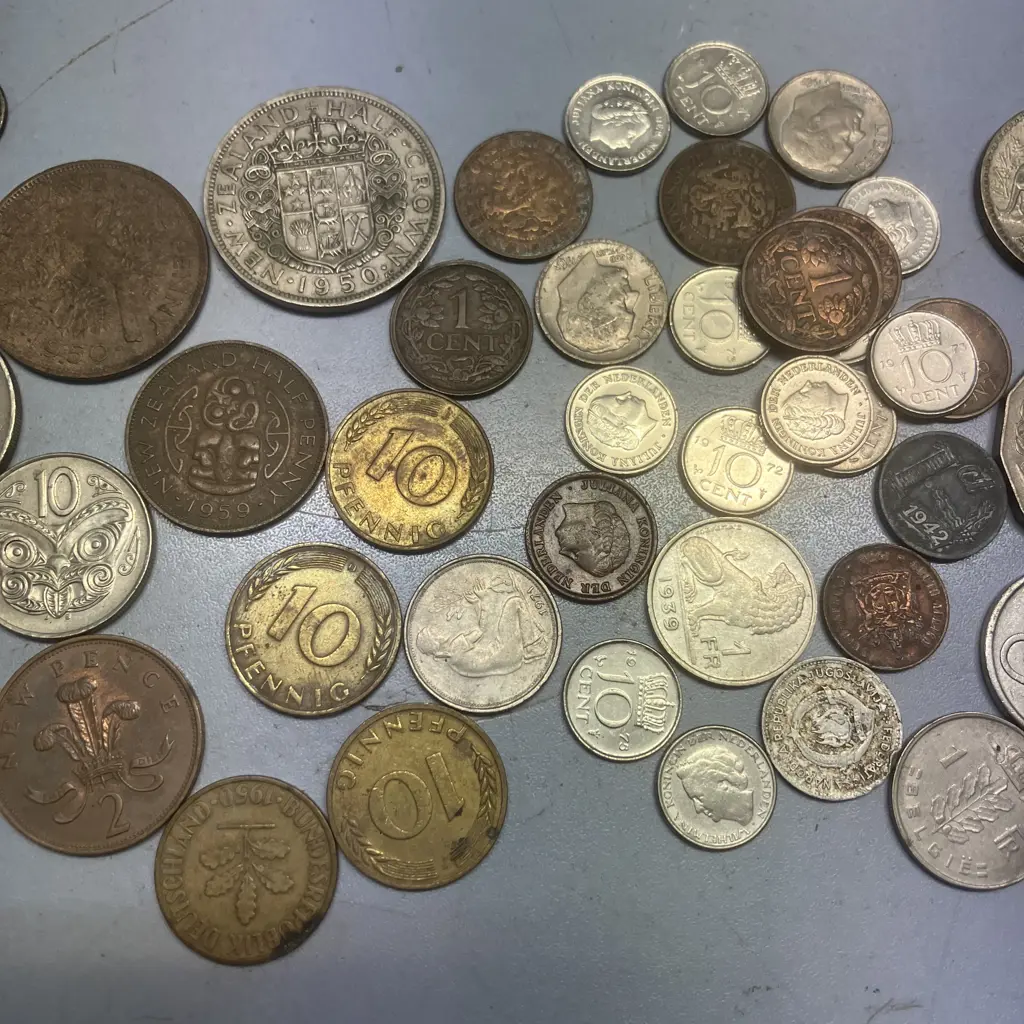 Assorted Coins - NZ, Peseta, Pfenning, American Etc & Collectable Air NZ Vending Token Coin Image 1++