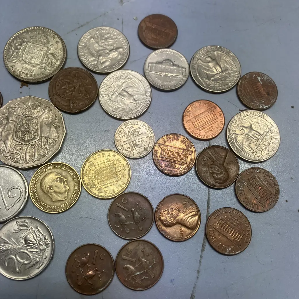 Assorted Coins - NZ, Peseta, Pfenning, American Etc & Collectable Air NZ Vending Token Coin Image 1++