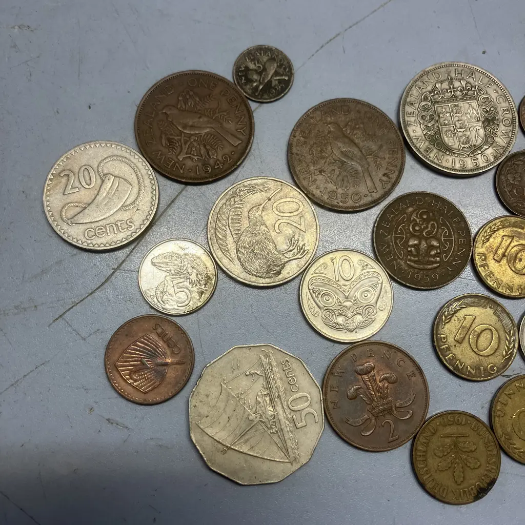 Assorted Coins - NZ, Peseta, Pfenning, American Etc & Collectable Air NZ Vending Token Coin Image 1++