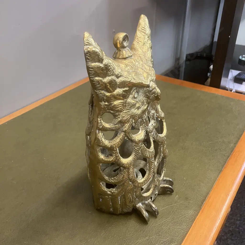 Vintage Large Heavy Brass Horned Owl Lantern Candle Holder. H26cm Image 1++