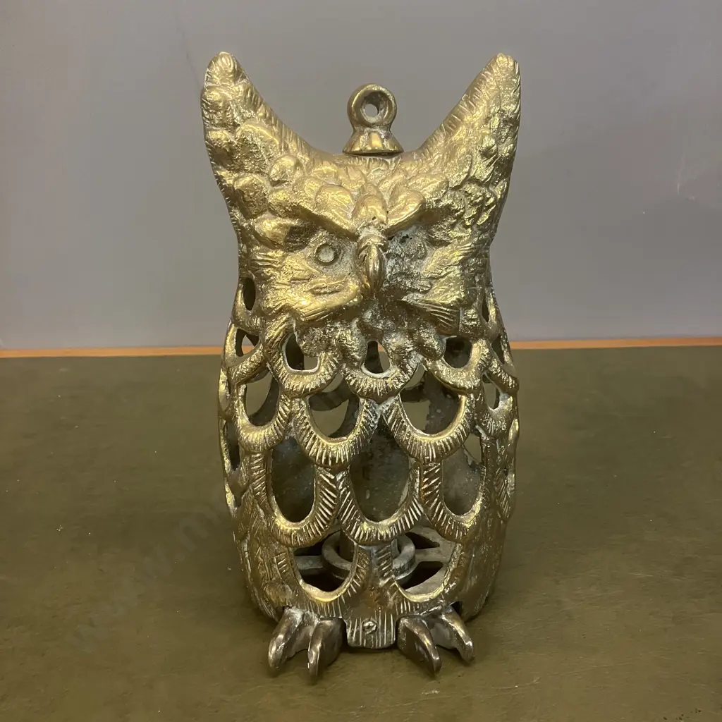 Vintage Large Heavy Brass Horned Owl Lantern Candle Holder. H26cm Image 1++