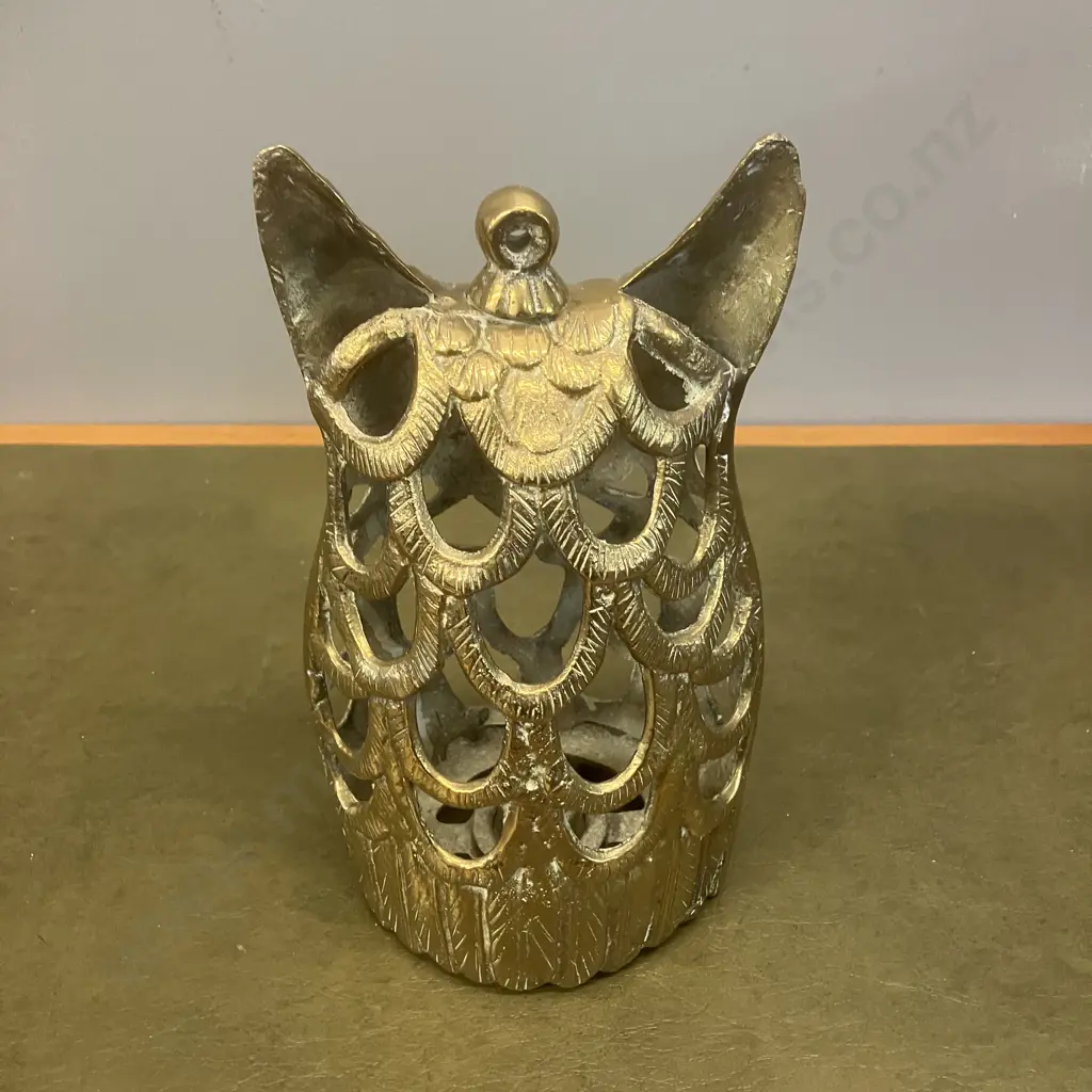 Vintage Large Heavy Brass Horned Owl Lantern Candle Holder. H26cm Image 1++