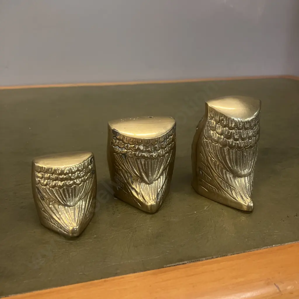Set of Three Elweco Genuine Brass Owls. Graduated Sizes H4 to 6.5cm Image 1++