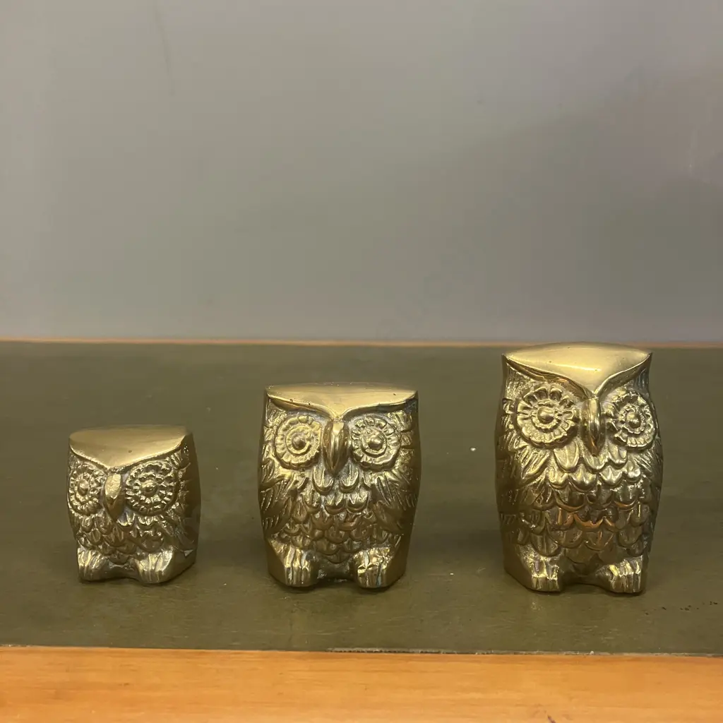 Set of Three Elweco Genuine Brass Owls. Graduated Sizes H4 to 6.5cm Image 1++