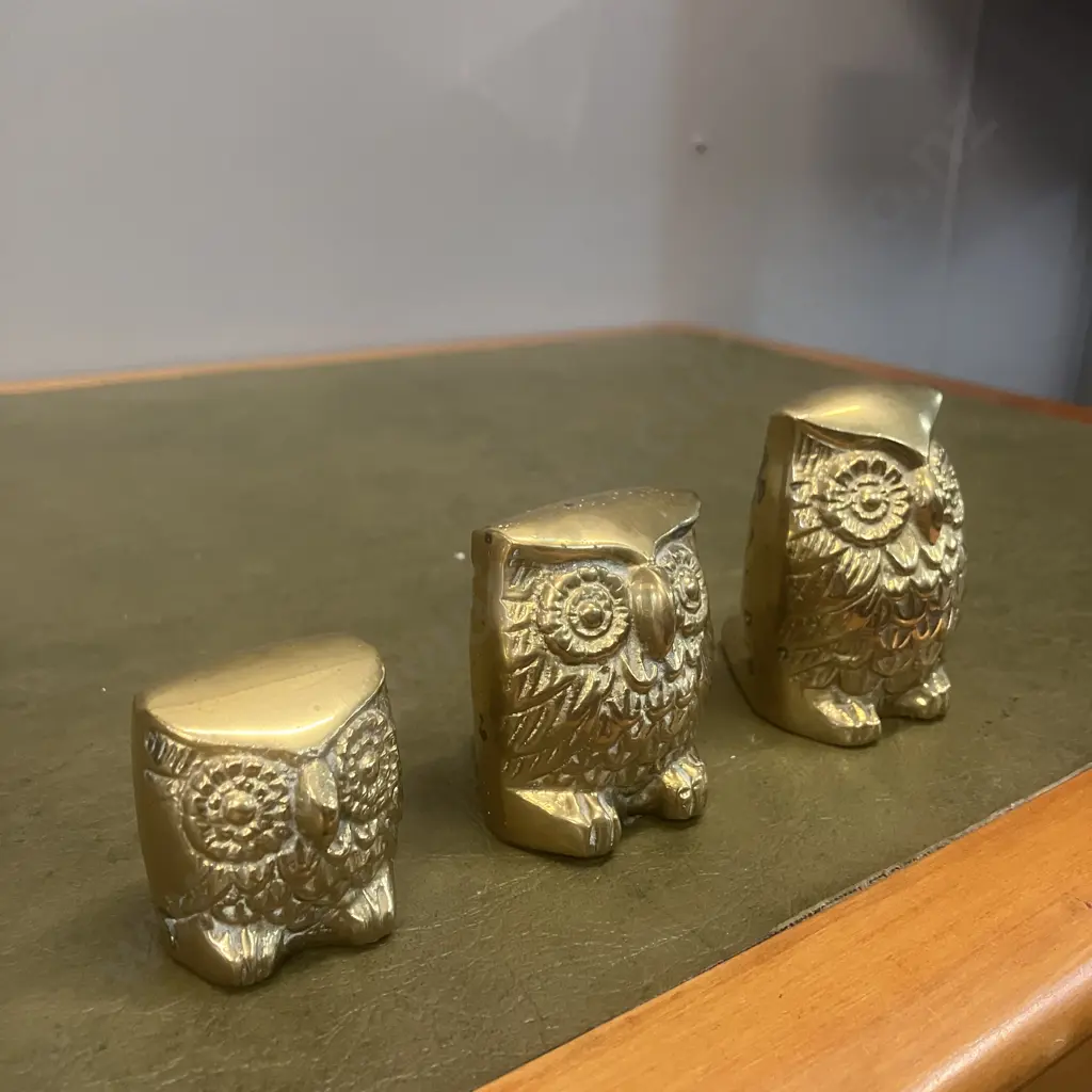 Set of Three Elweco Genuine Brass Owls. Graduated Sizes H4 to 6.5cm Image 1++