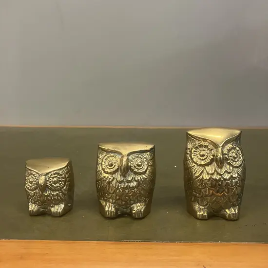 Set of Three Elweco Genuine Brass Owls. Graduated Sizes H4 to 6.5cm