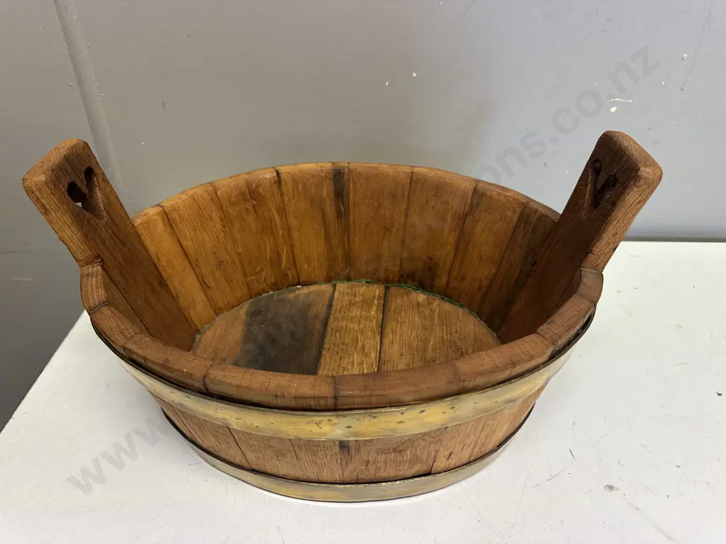 Rustic Arts & Crafts Oval Wooden Container With Brass Detail H19,W37,D26cm. Image 1++