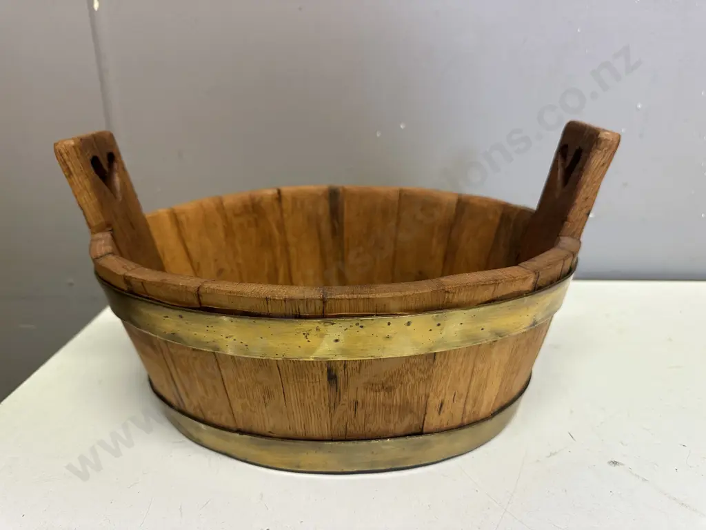 Rustic Arts & Crafts Oval Wooden Container With Brass Detail H19,W37,D26cm. Image 1++