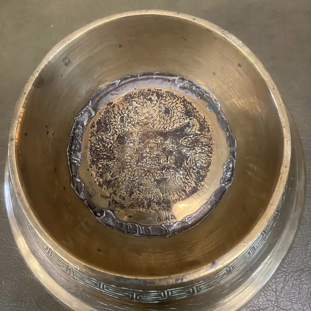 Chinese Antique Solid Brass Footed Bowl With Dragon On Base. 14.5 x 26cm Image 1++