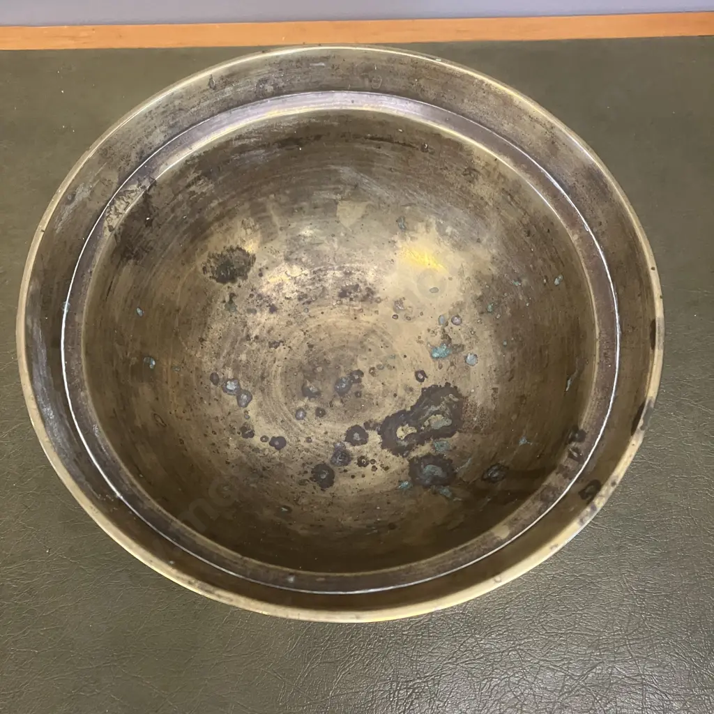 Chinese Antique Solid Brass Footed Bowl With Dragon On Base. 14.5 x 26cm Image 1++