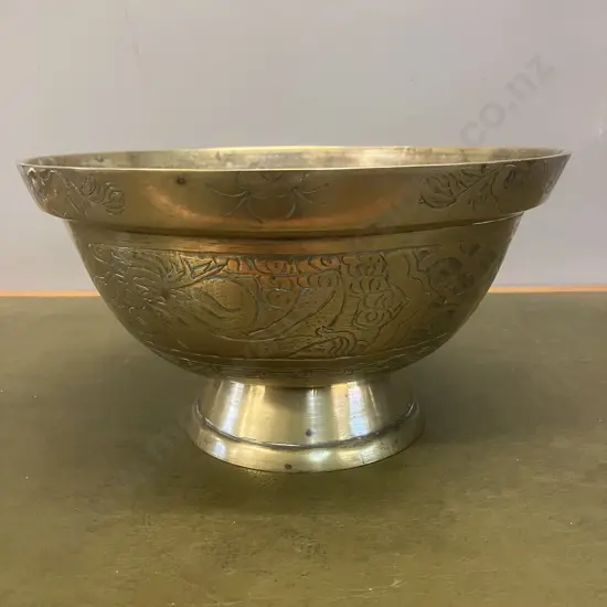 Chinese Antique Solid Brass Footed Bowl With Dragon On Base. 14.5 x 26cm