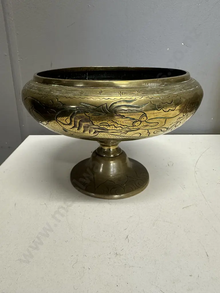 Vintage Brass Bowl On Pedestal With Etching H14,Dia21cm. Image 1++