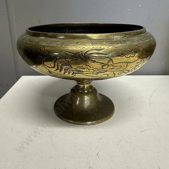 Vintage Brass Bowl On Pedestal With Etching H14,Dia21cm.