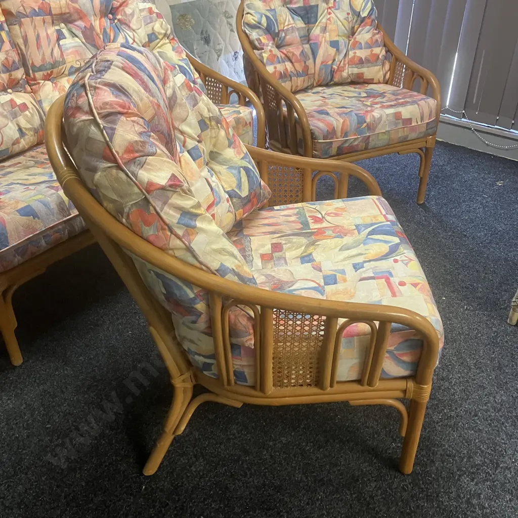 Garry Masters Rattan & Cane 2 Seater Sofa With 2 Armchairs & Glass Topped Coffee Table - Bright Abstract Floral Fabric Image 1++