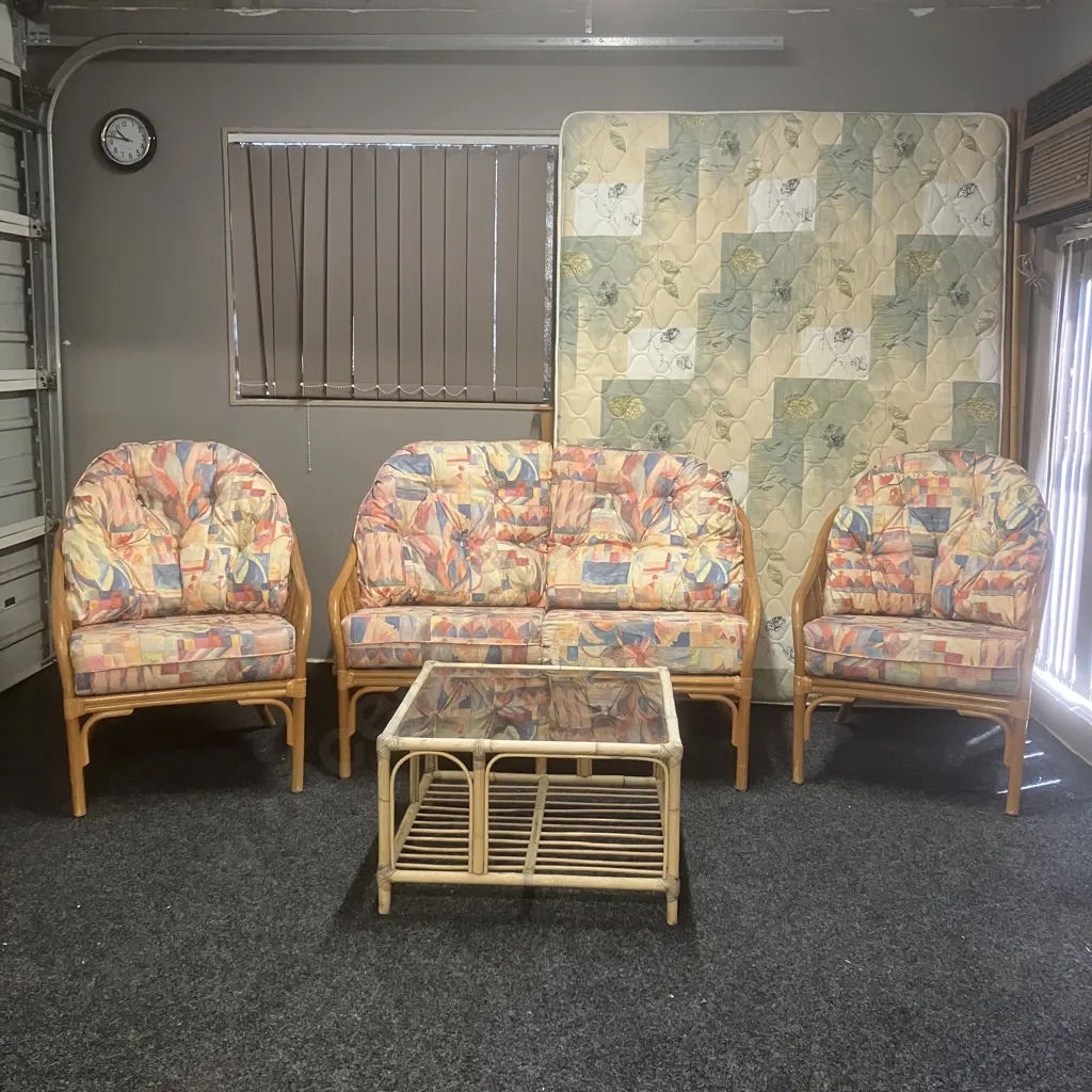 Garry Masters Rattan & Cane 2 Seater Sofa With 2 Armchairs & Glass Topped Coffee Table - Bright Abstract Floral Fabric Image 1++