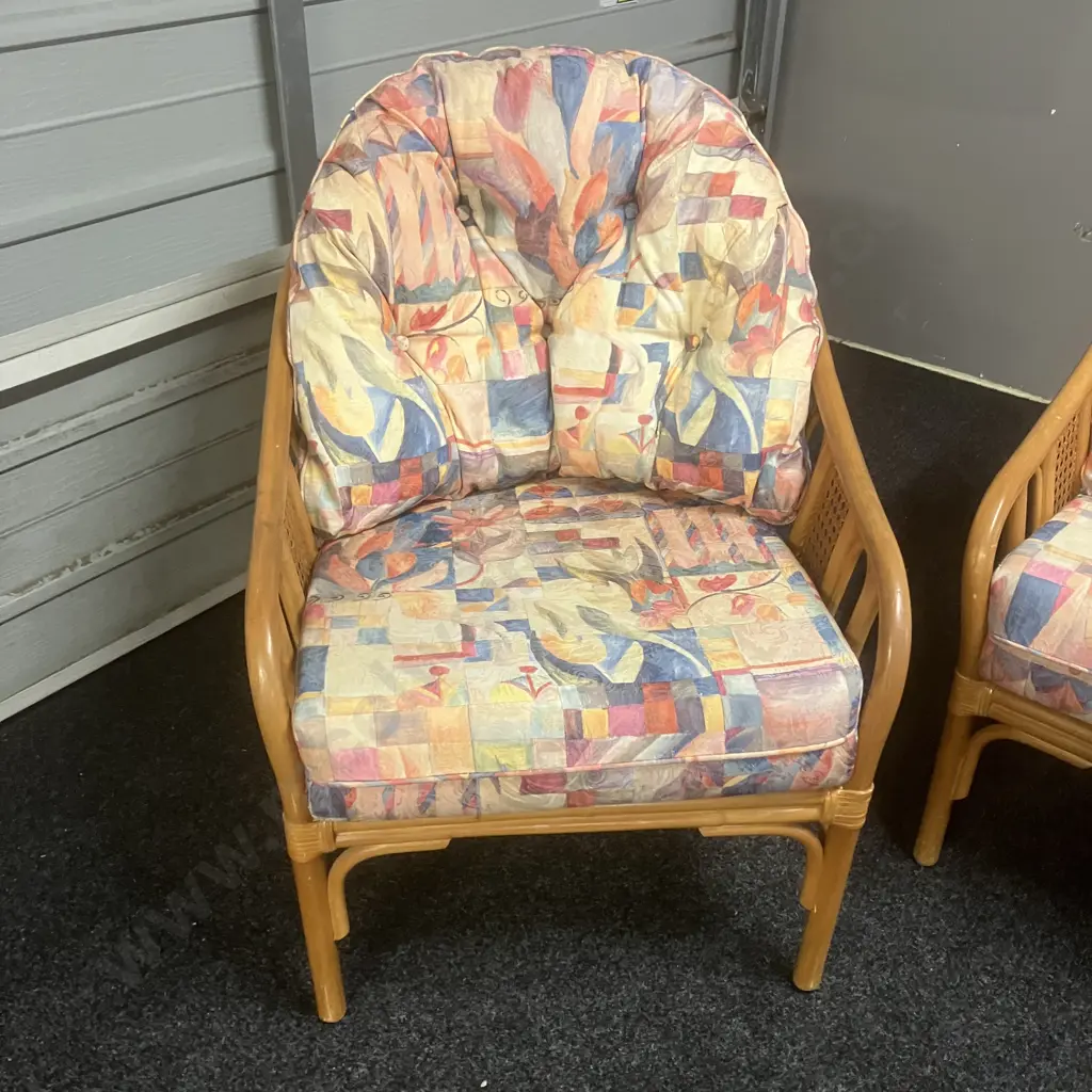 Garry Masters Rattan & Cane 2 Seater Sofa With 2 Armchairs & Glass Topped Coffee Table - Bright Abstract Floral Fabric Image 1++