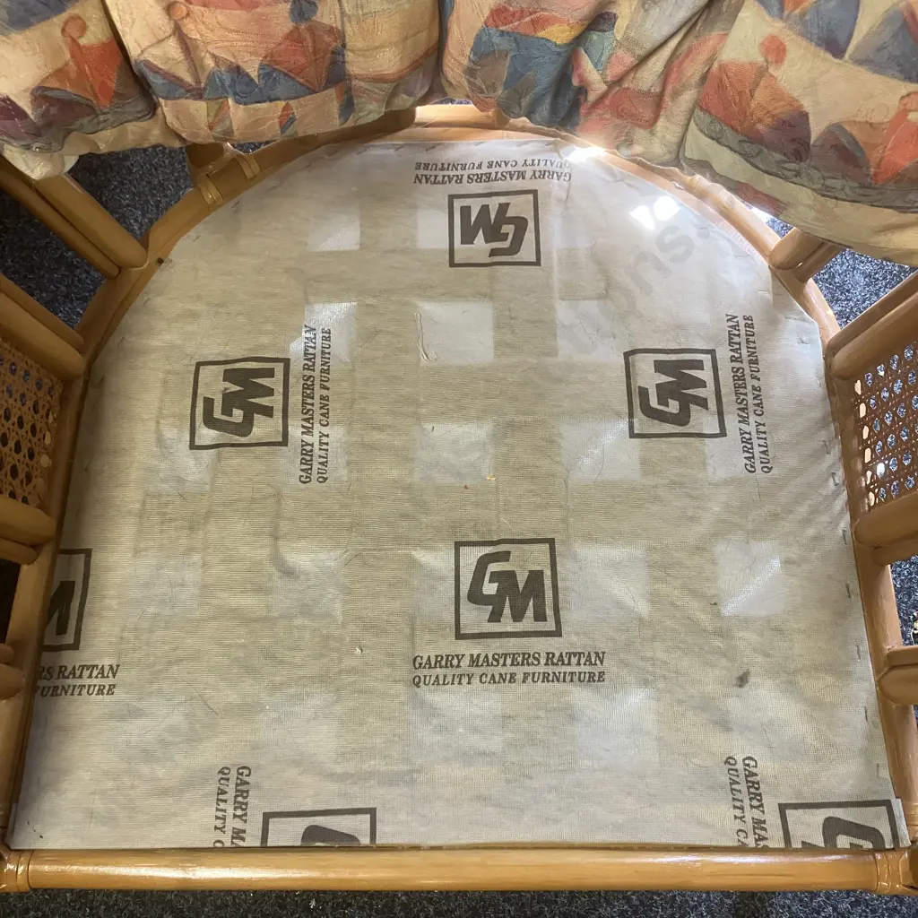 Garry Masters Rattan & Cane 2 Seater Sofa With 2 Armchairs & Glass Topped Coffee Table - Bright Abstract Floral Fabric Image 1++