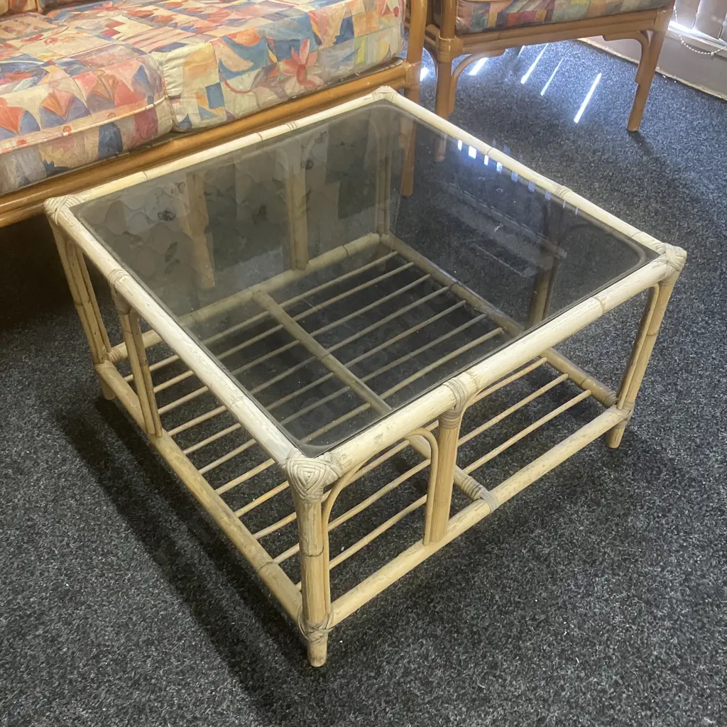 Garry Masters Rattan & Cane 2 Seater Sofa With 2 Armchairs & Glass Topped Coffee Table - Bright Abstract Floral Fabric Image 1++