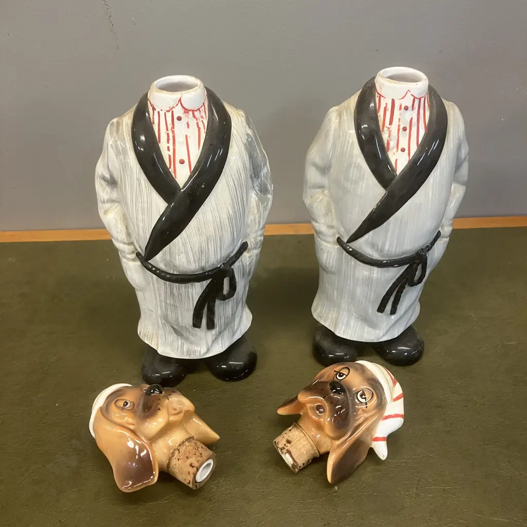 Pair of Vintage Sleepy Hound Dog Ceramic Decanters - Japan Mid Century. H32cm Image 1++