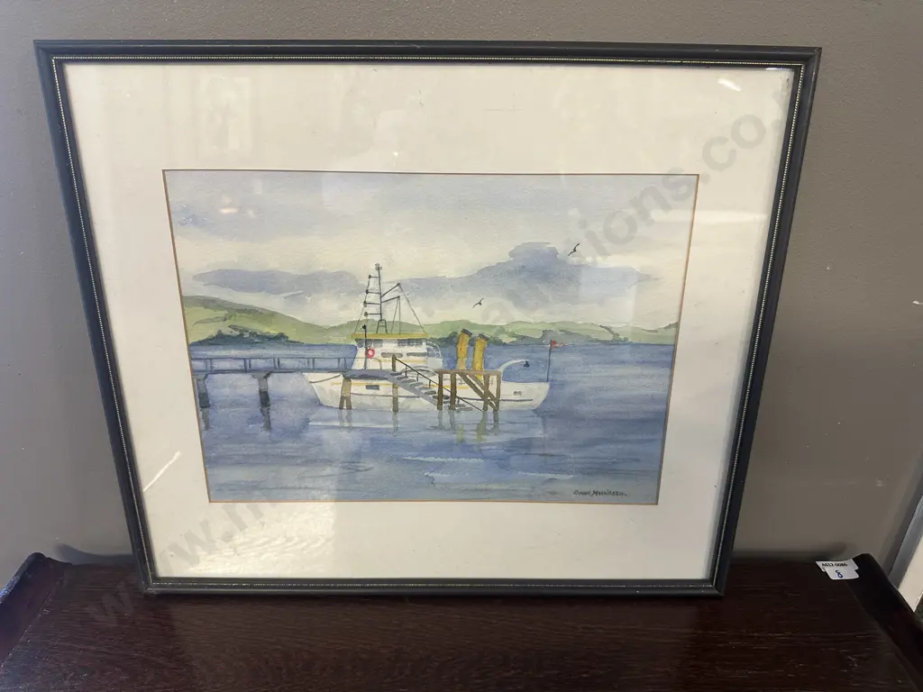Signed Framed Artwork Watercolour Of Navy Boat At Shelley Beach By Dawn Mathiesen 41x48cm. Image 1++