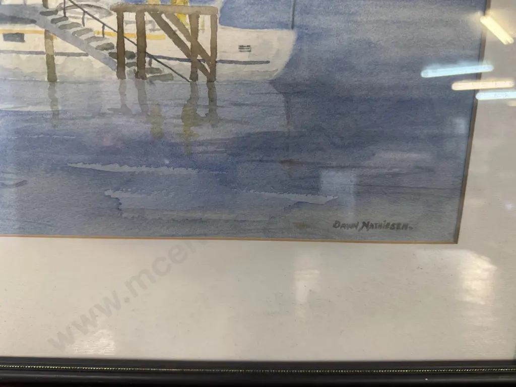 Signed Framed Artwork Watercolour Of Navy Boat At Shelley Beach By Dawn Mathiesen 41x48cm. Image 1++