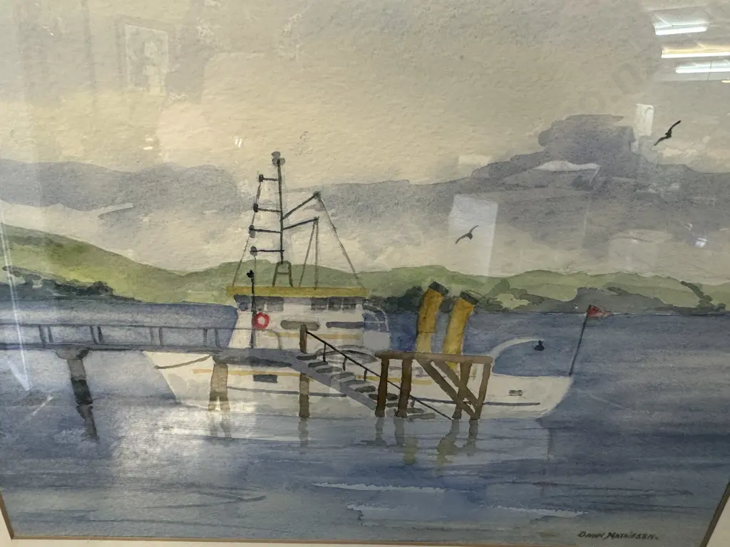 Signed Framed Artwork Watercolour Of Navy Boat At Shelley Beach By Dawn Mathiesen 41x48cm. Image 1++