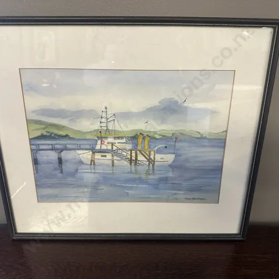 Signed Framed Artwork Watercolour Of Navy Boat At Shelley Beach By Dawn Mathiesen 41x48cm.