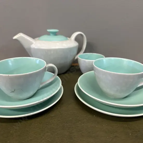 Poole Pottery Two Toned Trios x2, Teapot & Sugar Bowl