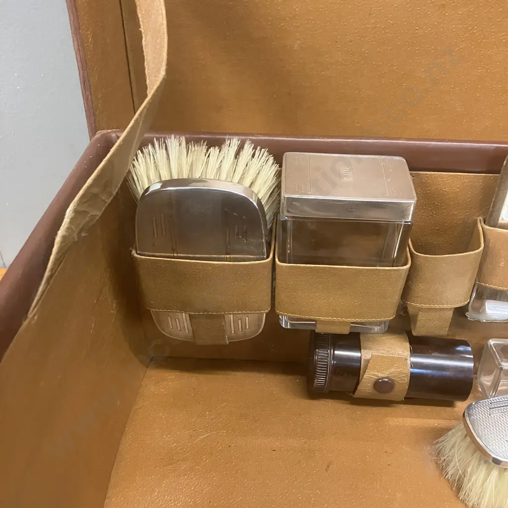 1930's Gentleman's Leather Fitted Suitcase, Sterling Silver Tops & Brushes All Hallmarked Aidie Brothers Ltd Birmingham Image 1++