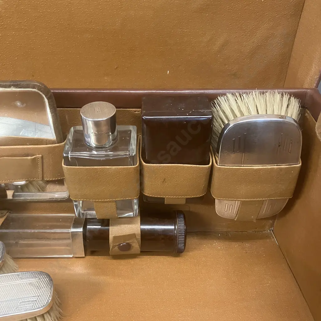 1930's Gentleman's Leather Fitted Suitcase, Sterling Silver Tops & Brushes All Hallmarked Aidie Brothers Ltd Birmingham Image 1++