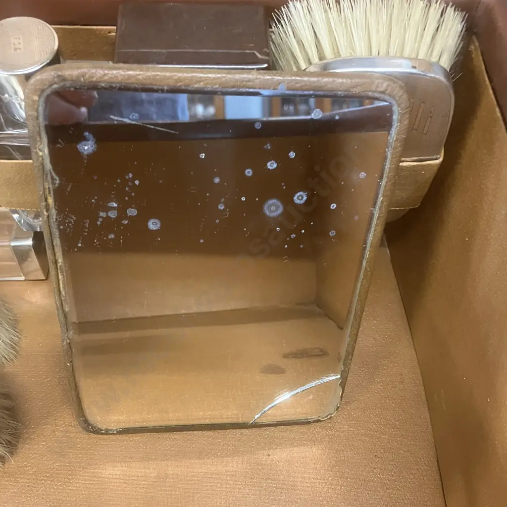 1930's Gentleman's Leather Fitted Suitcase, Sterling Silver Tops & Brushes All Hallmarked Aidie Brothers Ltd Birmingham Image 1++