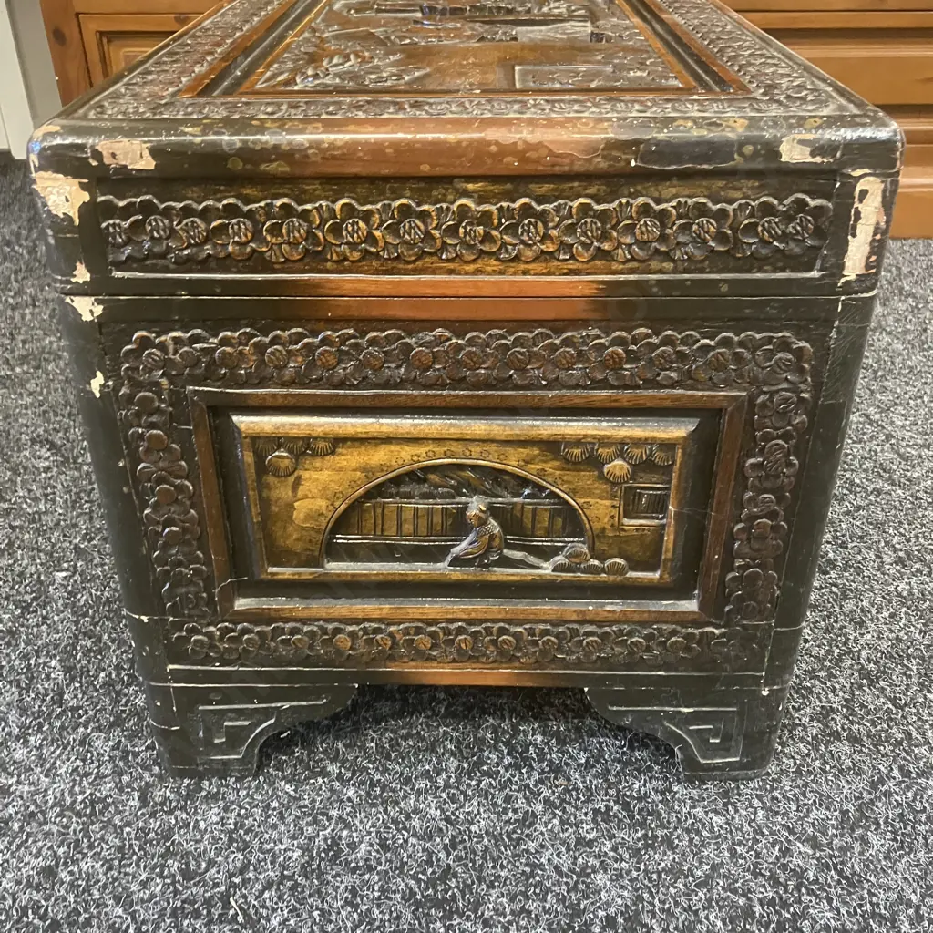 Vintage Oriental Carved Camphor Wood Trunk. H34 W73 D33cm Image 1++